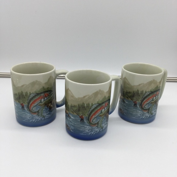 Vintage Otagiri Japan Mug Set Fly Fishing Rainbow Trout Fish Coffee Cups 8oz